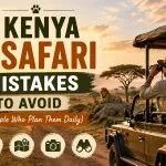 17 Kenya safari mistakes to avoid, featuring a safari vehicle, travelers, lion, elephants, and the Kenyan savanna.
