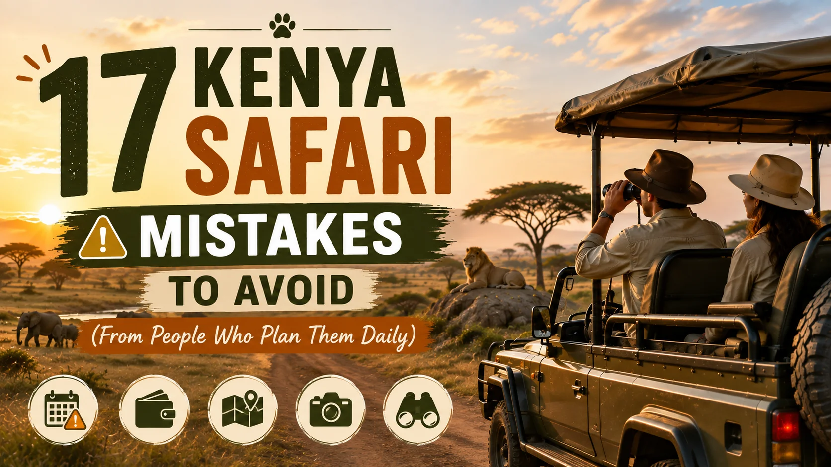 17 Kenya safari mistakes to avoid, featuring a safari vehicle, travelers, lion, elephants, and the Kenyan savanna.