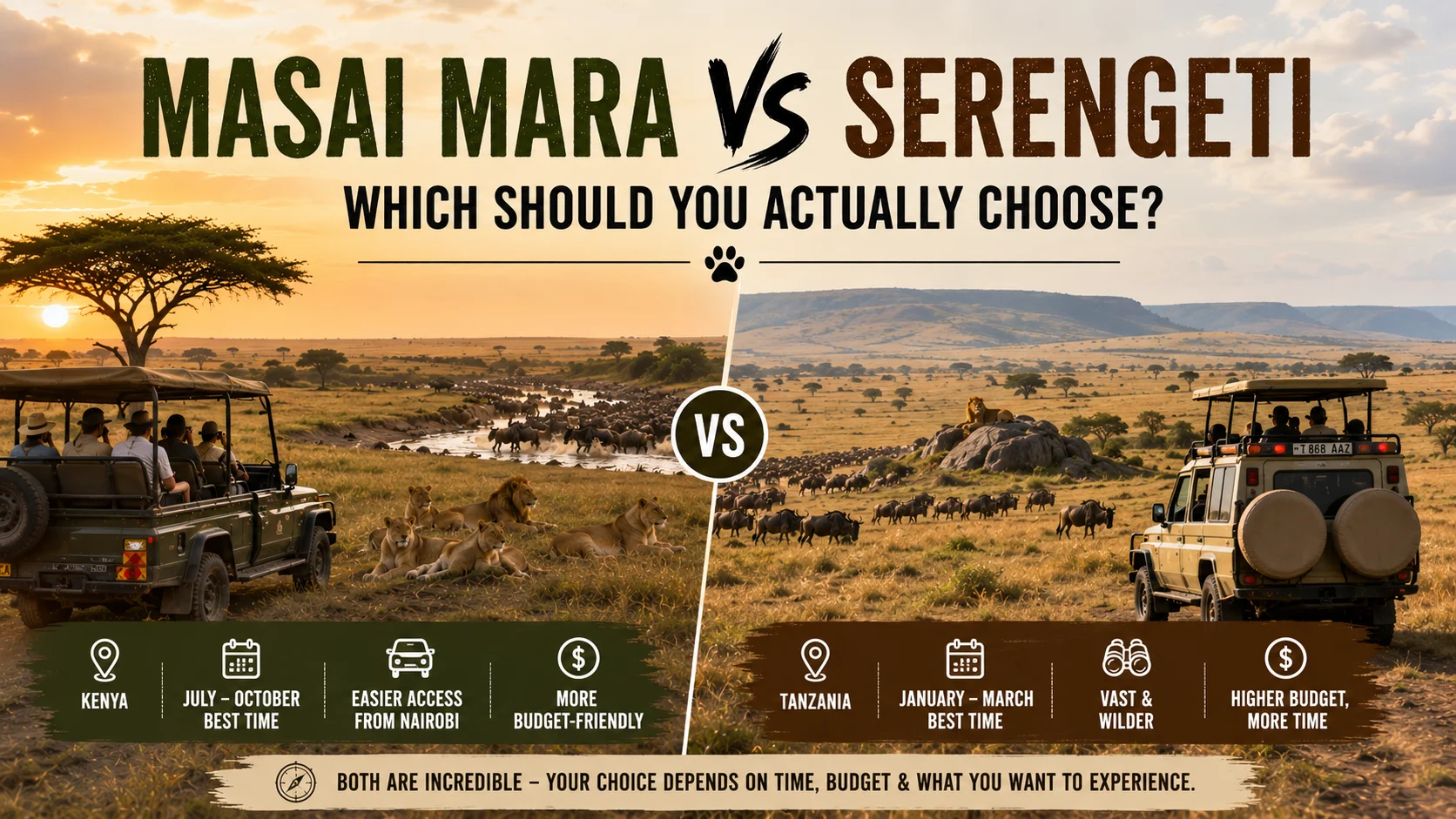 Masai Mara vs Serengeti comparison showing safari vehicles, wildlife, and landscapes to help travelers choose the best African safari destination.
