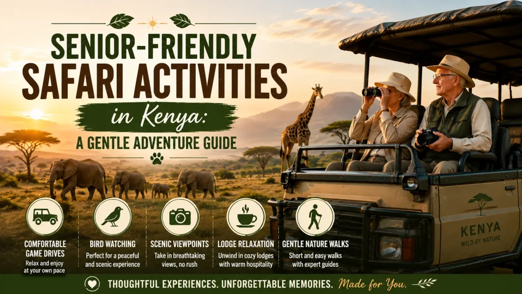 Senior-friendly safari activities in Kenya featuring older travelers enjoying a comfortable game drive, wildlife viewing, bird watching, and scenic African landscapes.