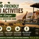 Senior-friendly safari activities in Kenya featuring older travelers enjoying a comfortable game drive, wildlife viewing, bird watching, and scenic African landscapes.