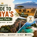 Complete guide to Kenya’s national parks featuring elephants, a leopard, flamingos, scenic landscapes, coastal parks, and popular destinations including Maasai Mara, Amboseli, Tsavo, and Lake Nakuru.