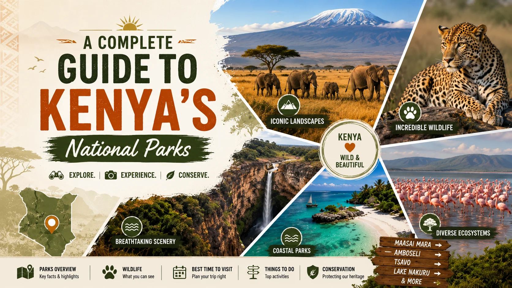 Complete guide to Kenya’s national parks featuring elephants, a leopard, flamingos, scenic landscapes, coastal parks, and popular destinations including Maasai Mara, Amboseli, Tsavo, and Lake Nakuru.