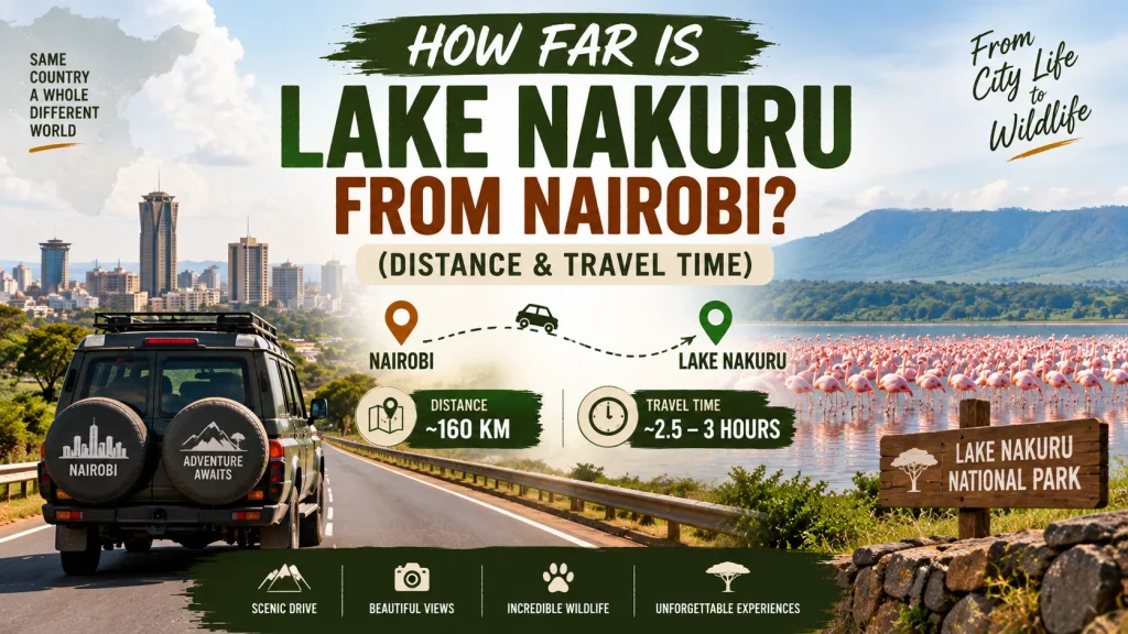 How far is Lake Nakuru from Nairobi, showing the driving route, safari vehicle, distance, travel time, and flamingos at Lake Nakuru National Park.