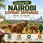 Visiting the Nairobi Elephant Orphanage with elephant calves, a wildlife keeper, visitor viewing area, and Nairobi skyline in the background.