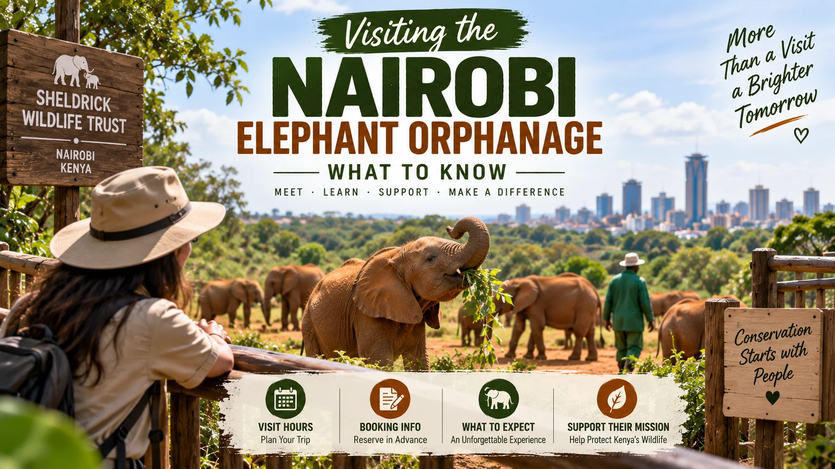 Visiting the Nairobi Elephant Orphanage with elephant calves, a wildlife keeper, visitor viewing area, and Nairobi skyline in the background.