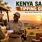 Kenya safari tipping guide showing a traveler tipping a safari guide beside a safari vehicle, with elephants, acacia trees, and a golden sunset over the African savannah.