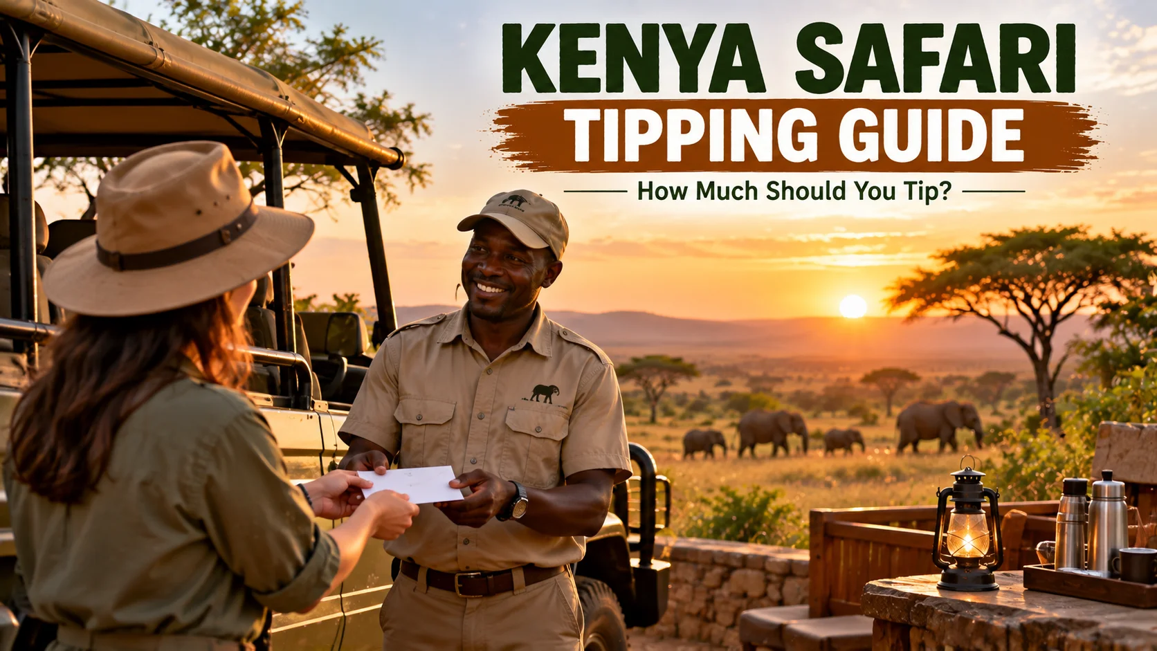 Kenya safari tipping guide showing a traveler tipping a safari guide beside a safari vehicle, with elephants, acacia trees, and a golden sunset over the African savannah.