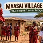 Maasai village visit in Kenya featuring Maasai people in traditional red shuka clothing, performing the traditional jumping dance and welcoming visitors at a rural homestead.
