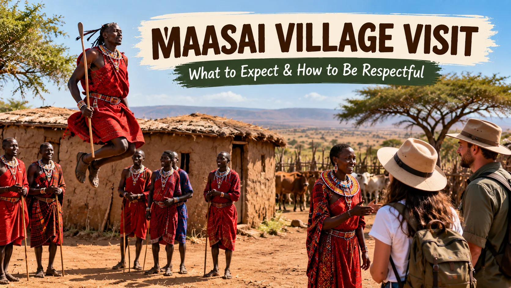 Maasai village visit in Kenya featuring Maasai people in traditional red shuka clothing, performing the traditional jumping dance and welcoming visitors at a rural homestead.