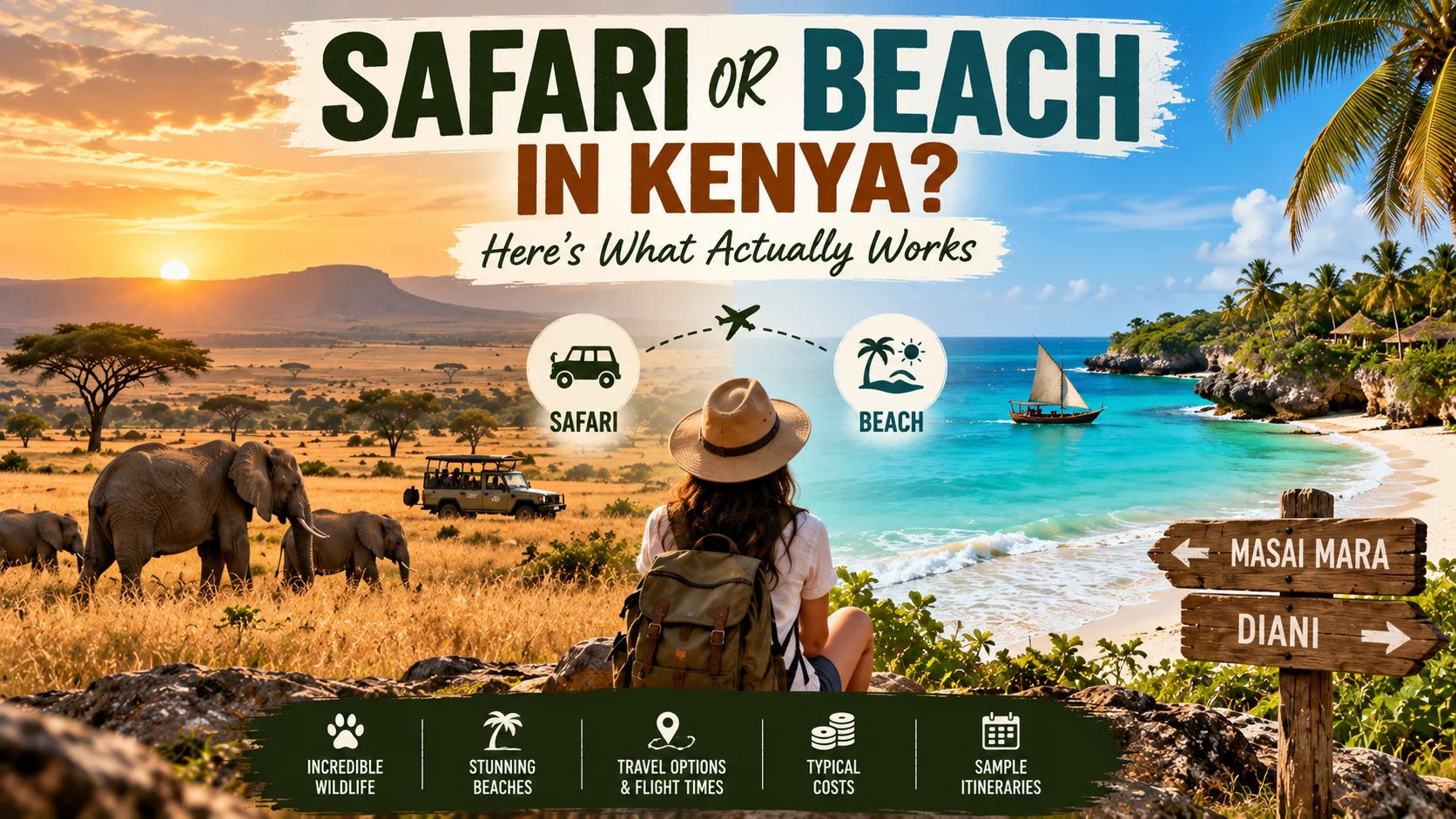 Safari or beach in Kenya travel guide comparing the Masai Mara’s wildlife and golden savannah with Diani Beach’s turquoise waters, tropical coastline, and palm trees.