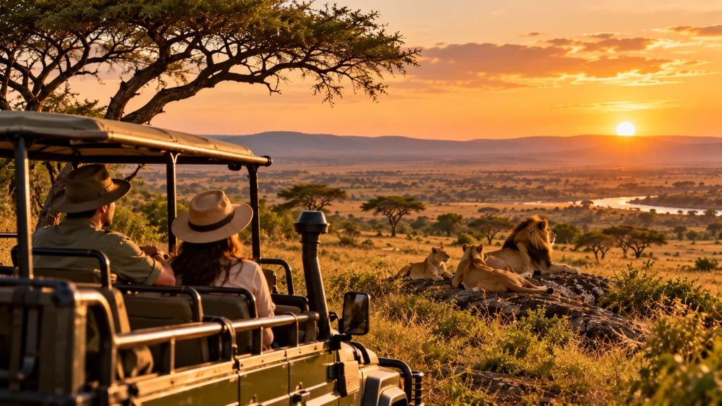 Repeat safari in Kenya featuring travelers observing a pride of lions in the Masai Mara at sunset, surrounded by golden grasslands and acacia trees.
