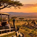 Repeat safari in Kenya featuring travelers observing a pride of lions in the Masai Mara at sunset, surrounded by golden grasslands and acacia trees.