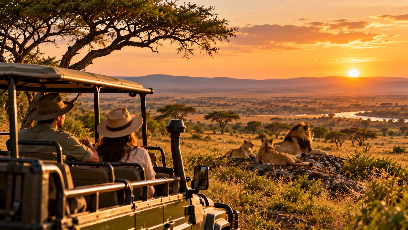 Repeat safari in Kenya featuring travelers observing a pride of lions in the Masai Mara at sunset, surrounded by golden grasslands and acacia trees.